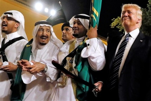 Saudi Arabia's King Salman welcomes Trump to dance with a sword during a welcome ceremony at Al Murabba Palace in Riyadh